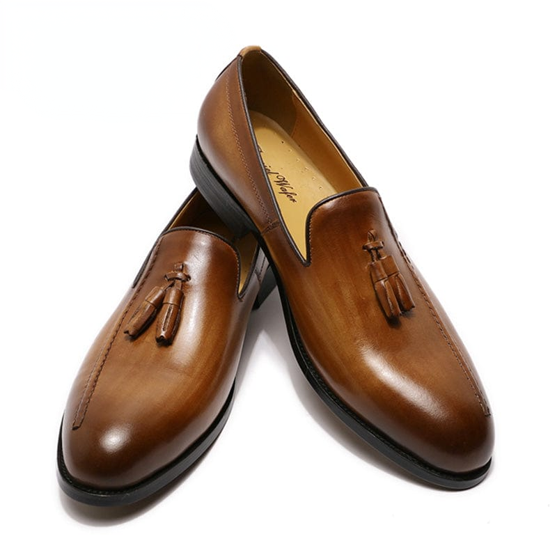 Men's brown tassel leather dress loafers clean product photo