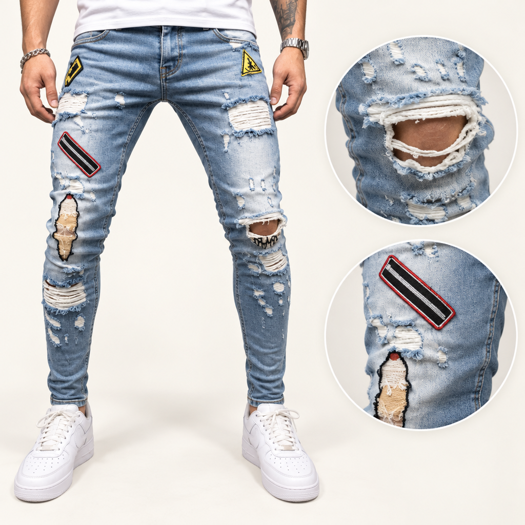 Blue ripped patch jeans knee detail