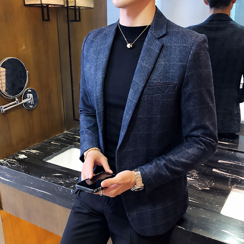 Men's British style plaid blazer slim fit suit jacket