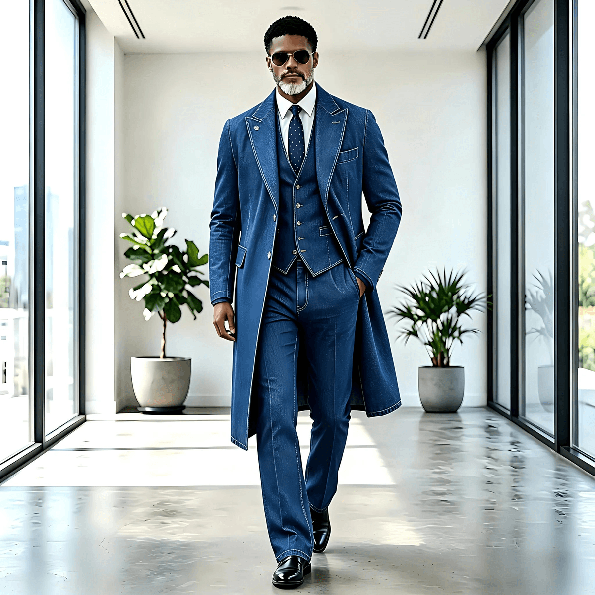 Men denim business 3-piece tuxedo long jacket suit clean product photo
