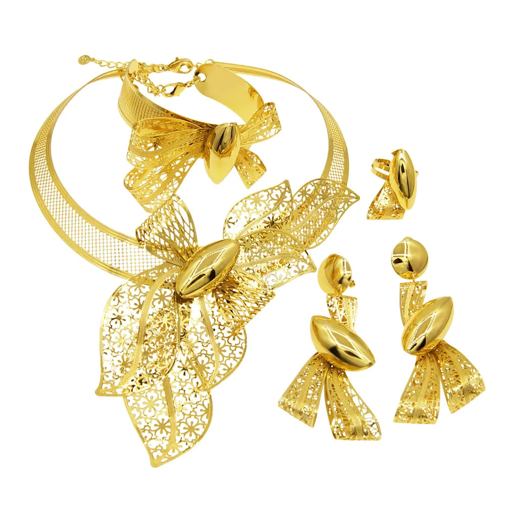 Women's Gold Tone Dubai Necklace Earring Ring Bracelet Set