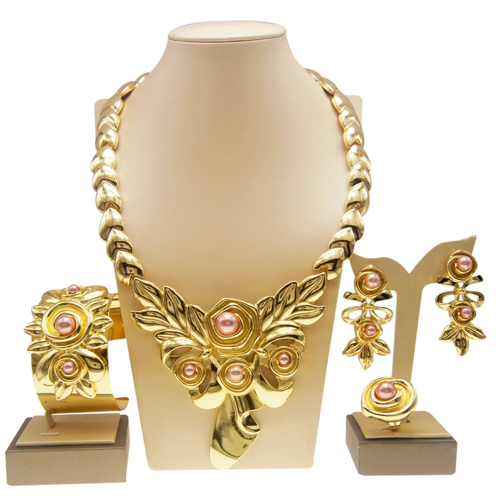 Women's Gold Plated Jewelry Set: Necklace, Earrings, Ring and Bracelet