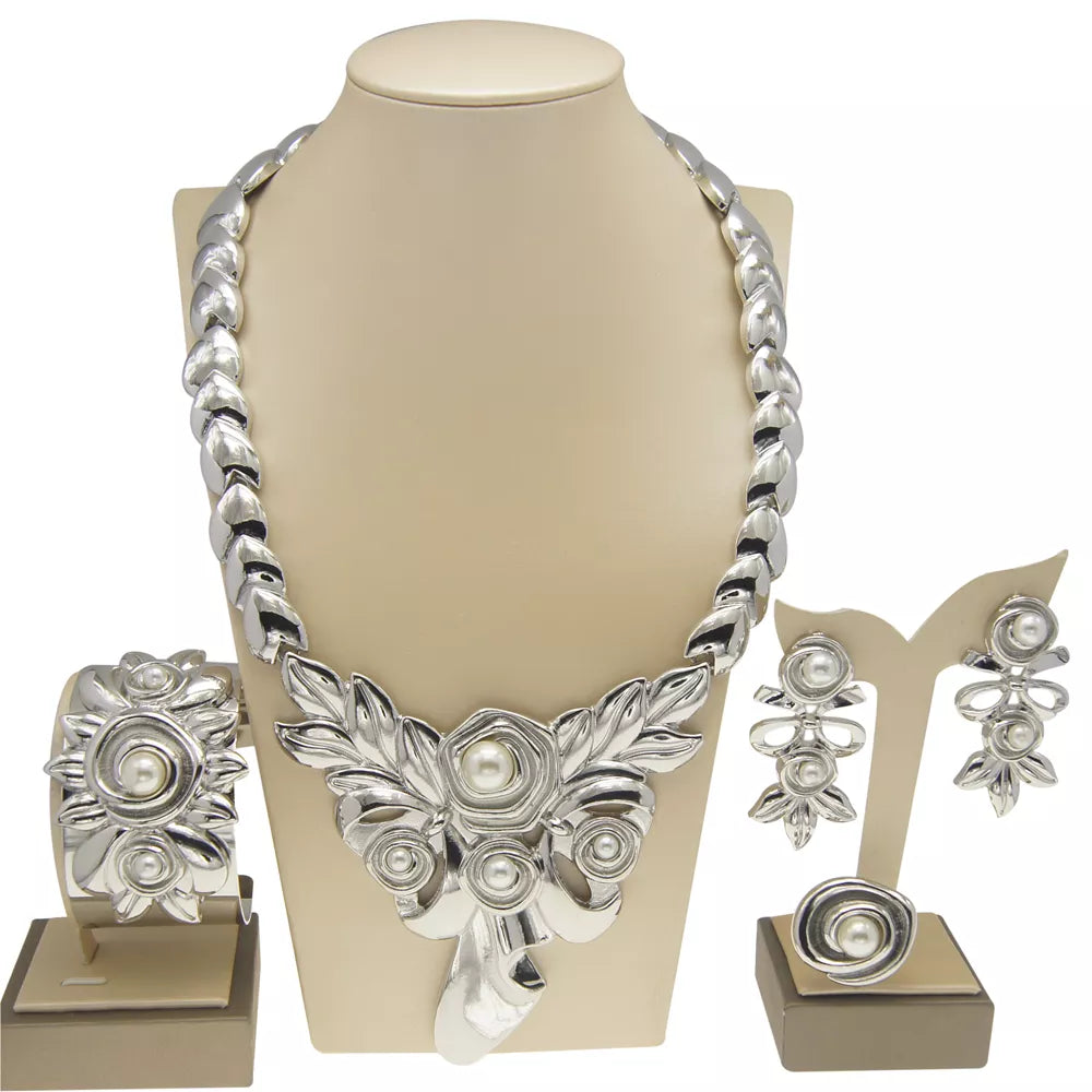 Women's Gold Plated Jewelry Set: Necklace, Earrings, Ring and Bracelet