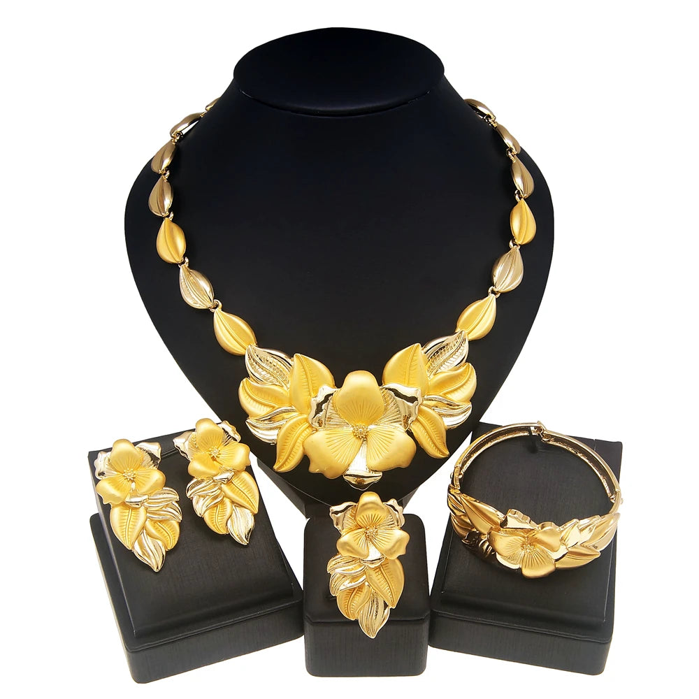 Women's Gold-Plated Bud Pendant Jewelry Set, Necklace Earrings