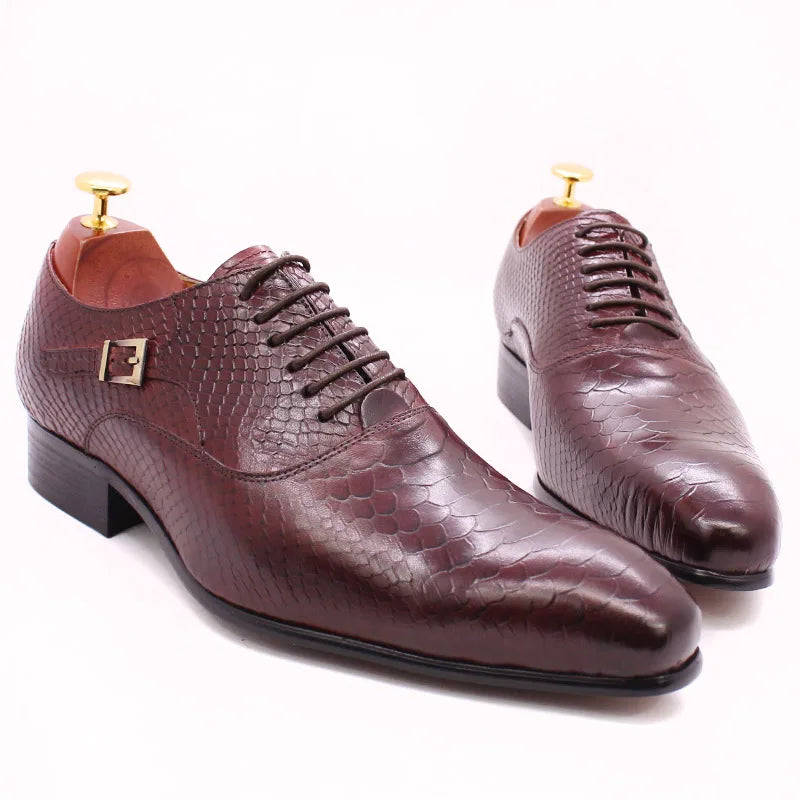 Men's Snake Print Coffee Black Pointed Toe Lace-Up Oxford Dress Shoes