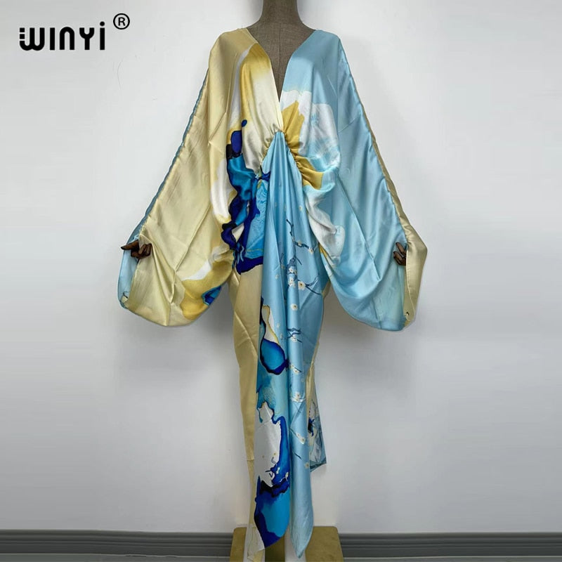 Women's Silk Rayon Print Bohemian V-Neck Beach Maxi Dress
