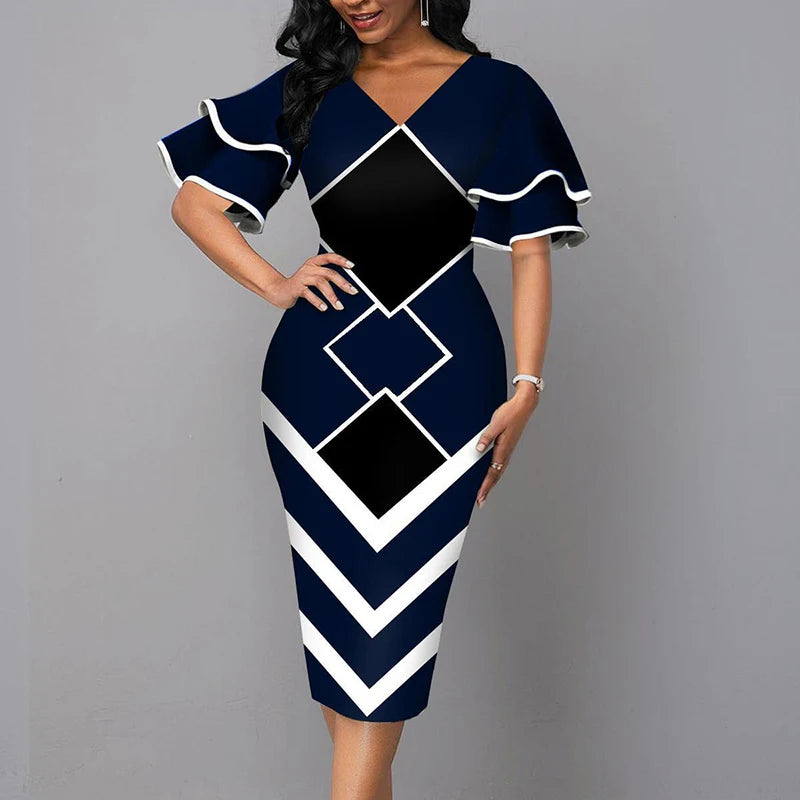 Women's V-Neck Short Sleeve Patchwork Slim Party Dress