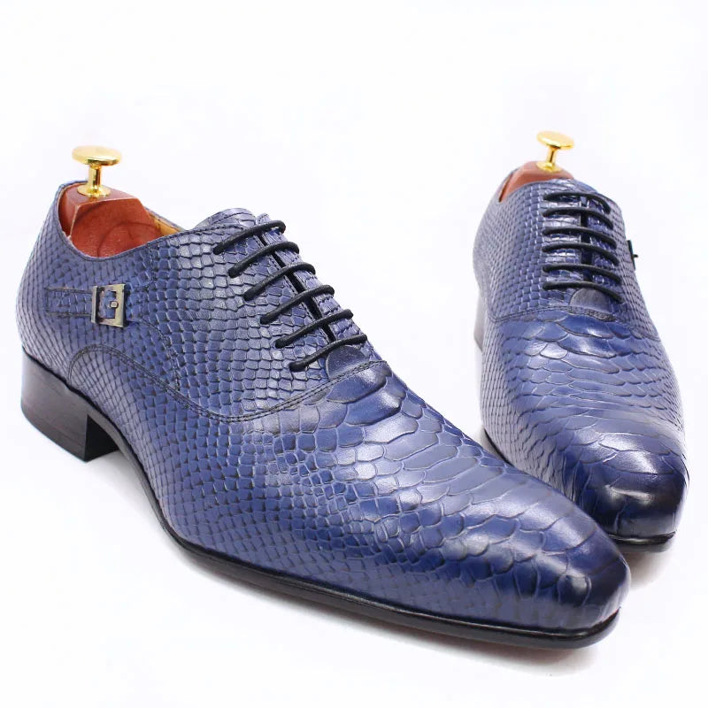 Men's Snake Print Coffee Black Pointed Toe Lace-Up Oxford Dress Shoes
