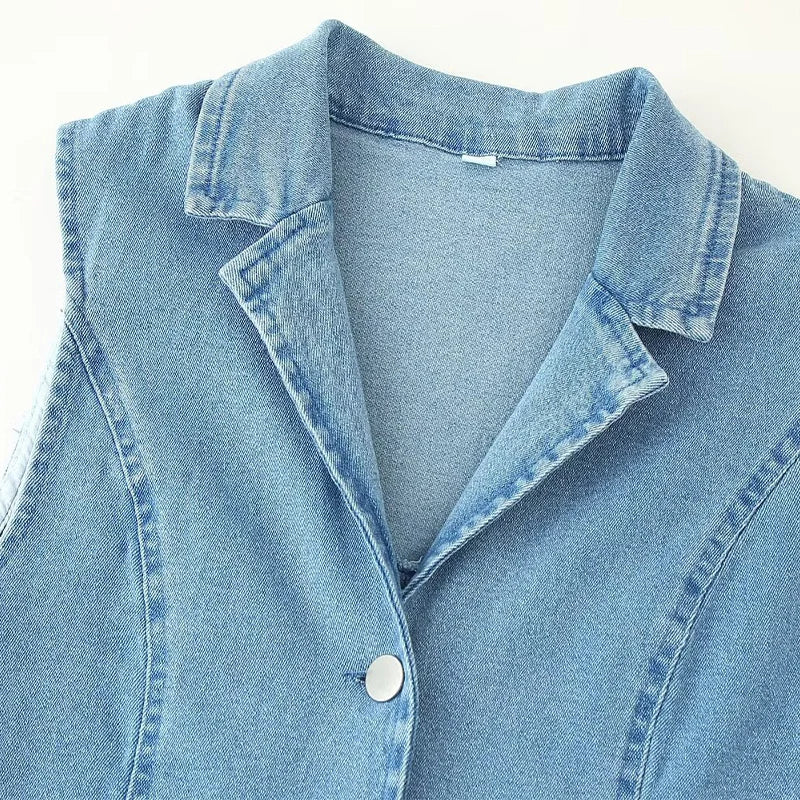 ZATRHMBM New Fashion Button-Up Denim Dress Retro Casual Sleeveless Lapel Elegant Lady Fashion Dress