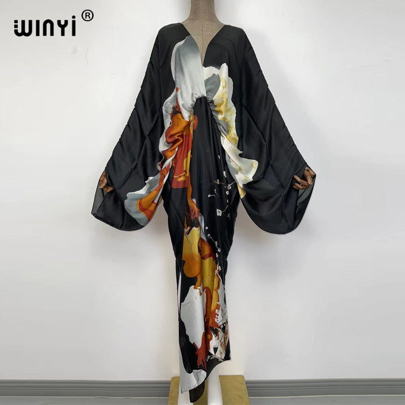 Women's Silk Rayon Print Bohemian V-Neck Beach Maxi Dress