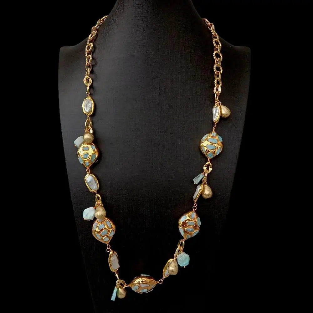 Women's Blue Larimar White Biwa Pearl Gold Chain Necklace 30"