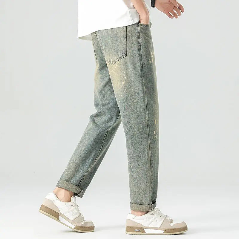 Unisex Washed Denim Straight-Leg Slim-Fit Casual Jeans