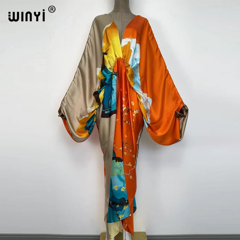 Women's Silk Rayon Print Bohemian V-Neck Beach Maxi Dress