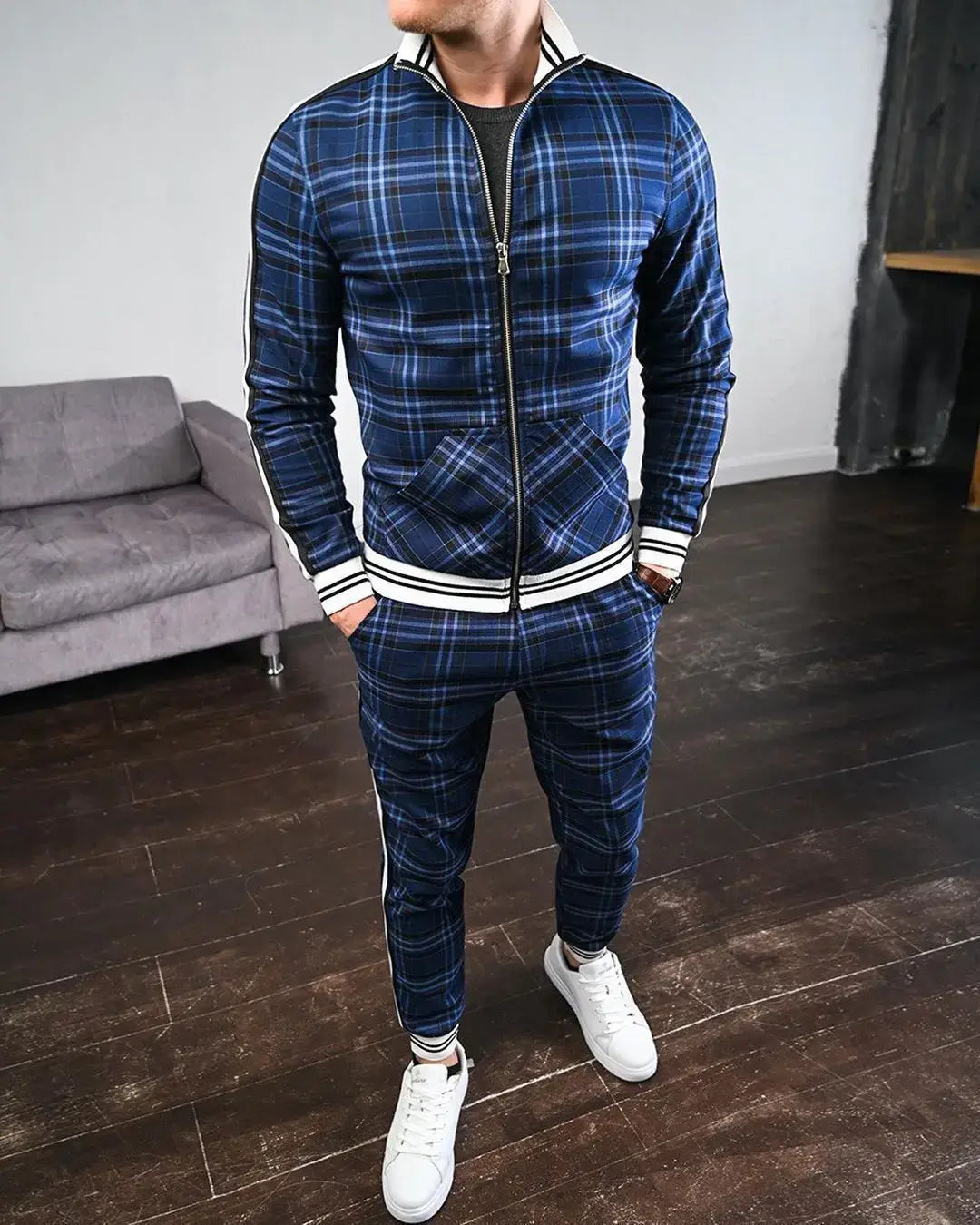 Mens Tracksuits Colorful Plaid Casual Zipper Hoodie Set 3D Print Set New Autumn Male Sweatshirt Clothes For Men