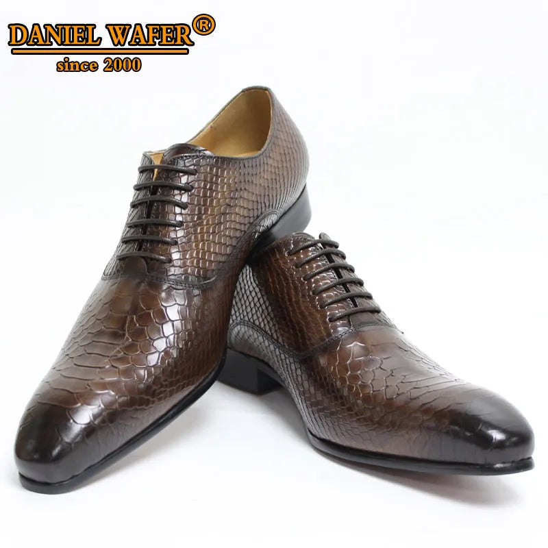 Men's Snake Print Coffee Black Pointed Toe Lace-Up Oxford Dress Shoes