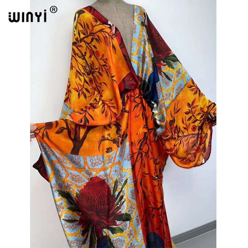 Women's Silk Rayon Print Bohemian V-Neck Beach Maxi Dress