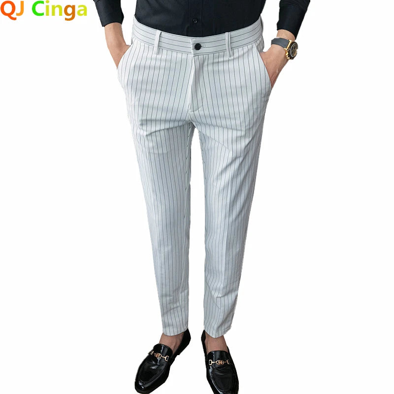 Men's White Vertical-Stripe Slim Business Suit Pants, Blue Black Slacks