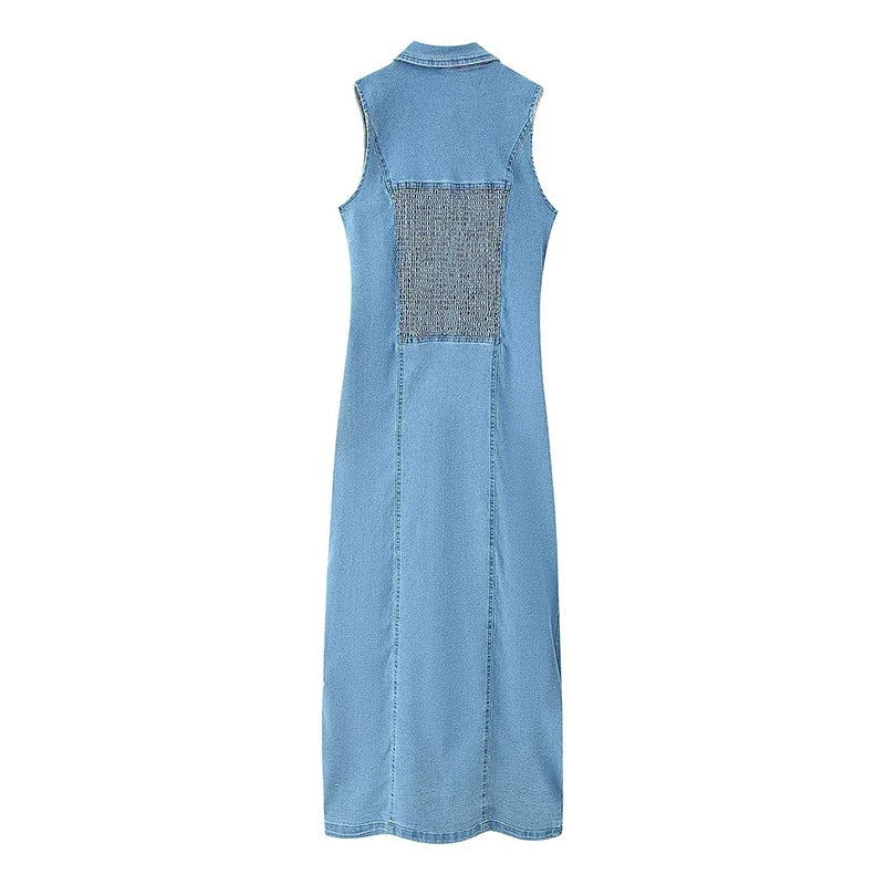 ZATRHMBM New Fashion Button-Up Denim Dress Retro Casual Sleeveless Lapel Elegant Lady Fashion Dress