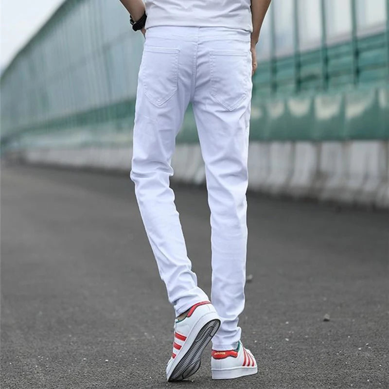 Men's White Slim Stretch Embroidery Street Jeans