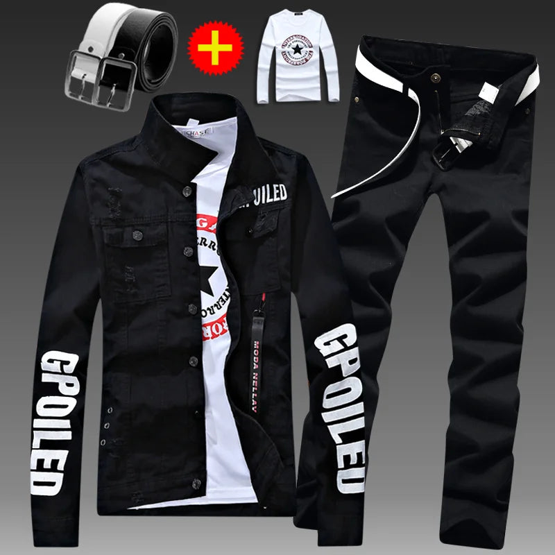 Men's Slim Fit Letter Print Denim Jacket and Pants Two-Piece Set