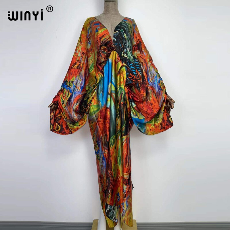 Women's Silk Rayon Print Bohemian V-Neck Beach Maxi Dress