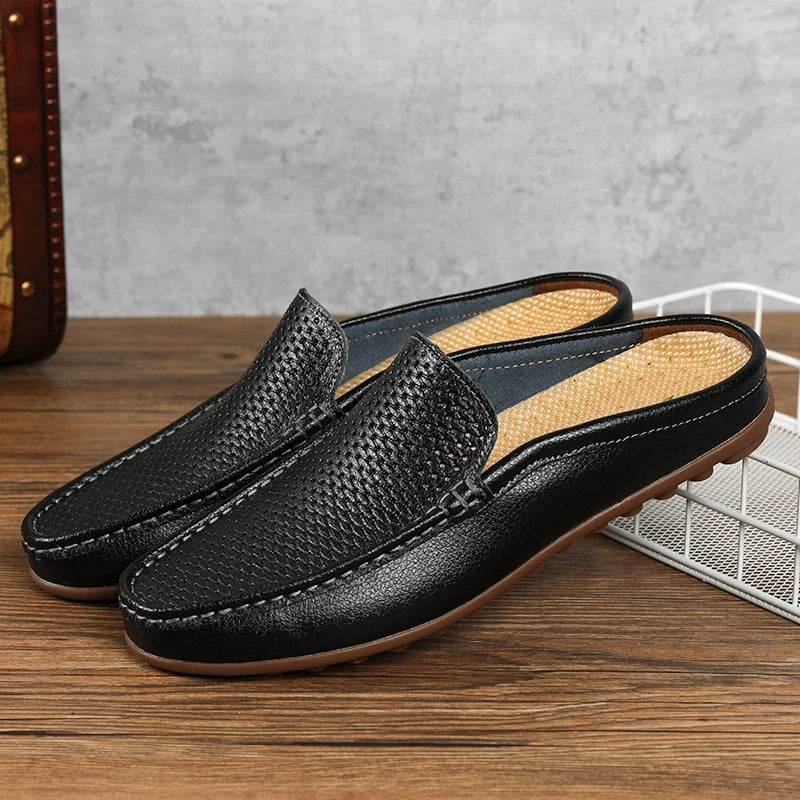 Men's Italian Genuine Leather Non-Slip Moccasin Slide Shoes