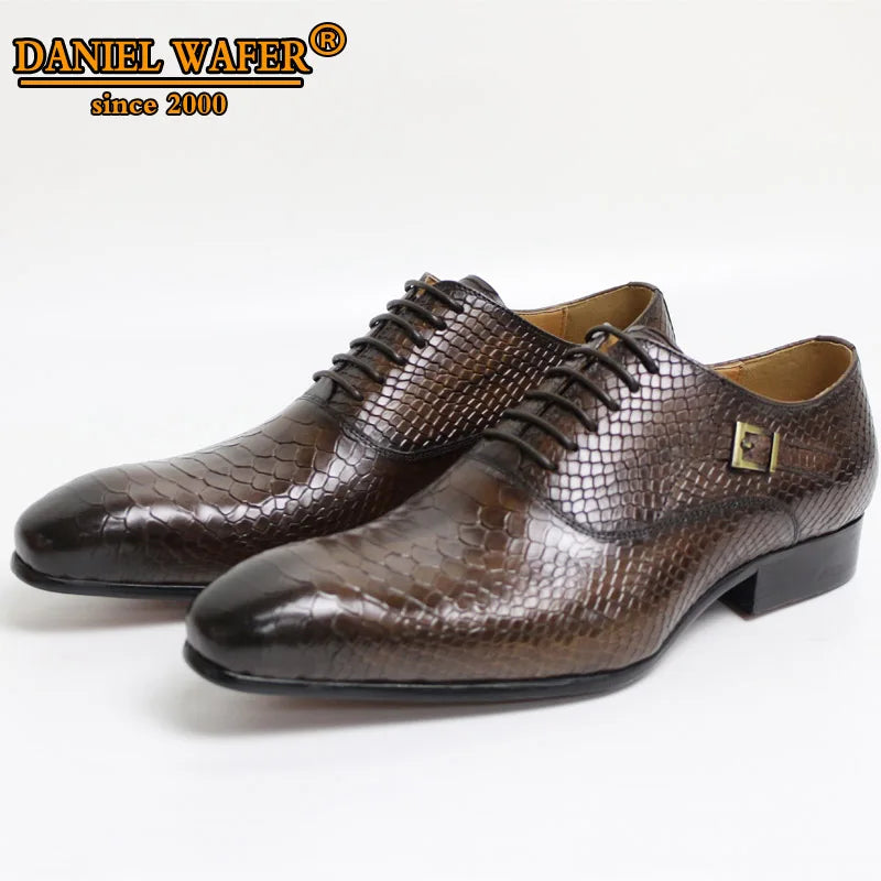 Men's Snake Print Coffee Black Pointed Toe Lace-Up Oxford Dress Shoes