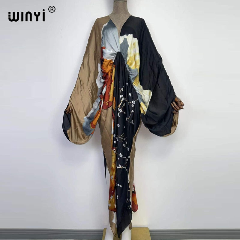 Women's Silk Rayon Print Bohemian V-Neck Beach Maxi Dress