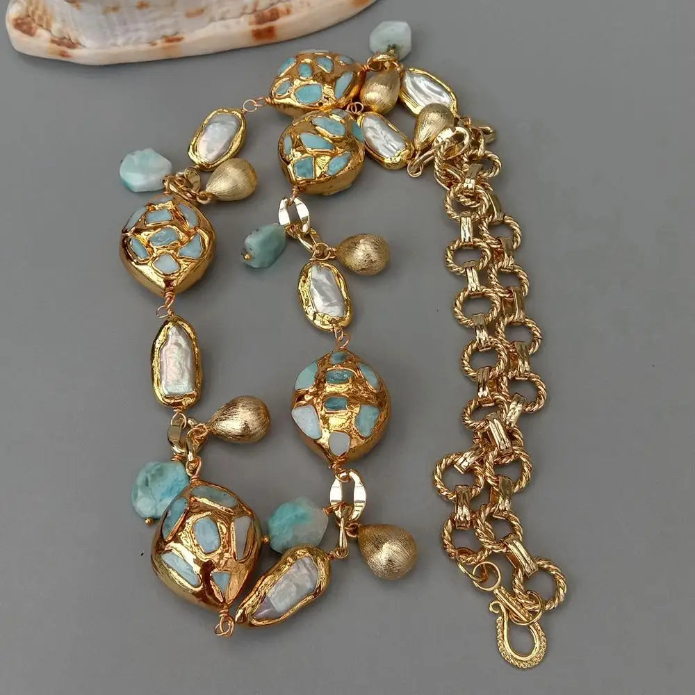 Women's Blue Larimar White Biwa Pearl Gold Chain Necklace 30"