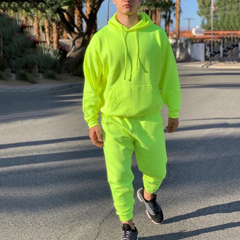 Men's Solid Neon Green Two-Piece Tracksuit Set