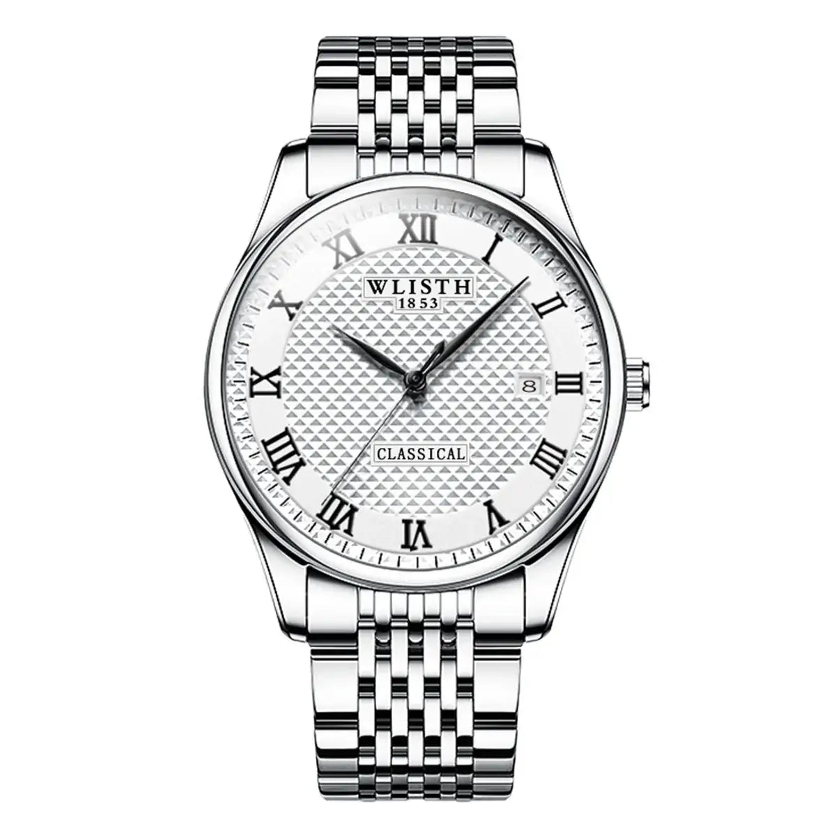WLISTH Luxury Stainless Steel Watches for Man Waterproof Luminous Quartz Watches Roman Scale Wristwatch Date Week Men Watch in silver color.
