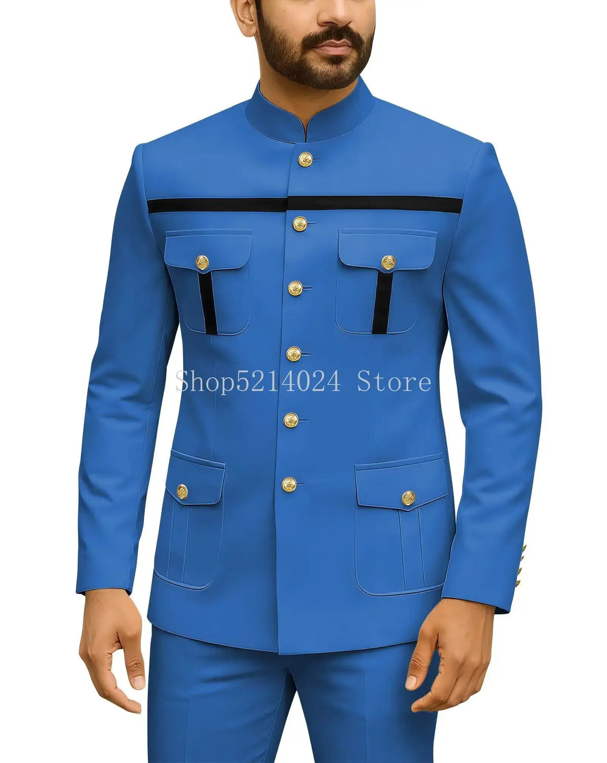 Mens Safari Suit 2 Piece Regular Fit Chinese Suit Stand Collar Gold Button Blazer Pants Set African Outfits