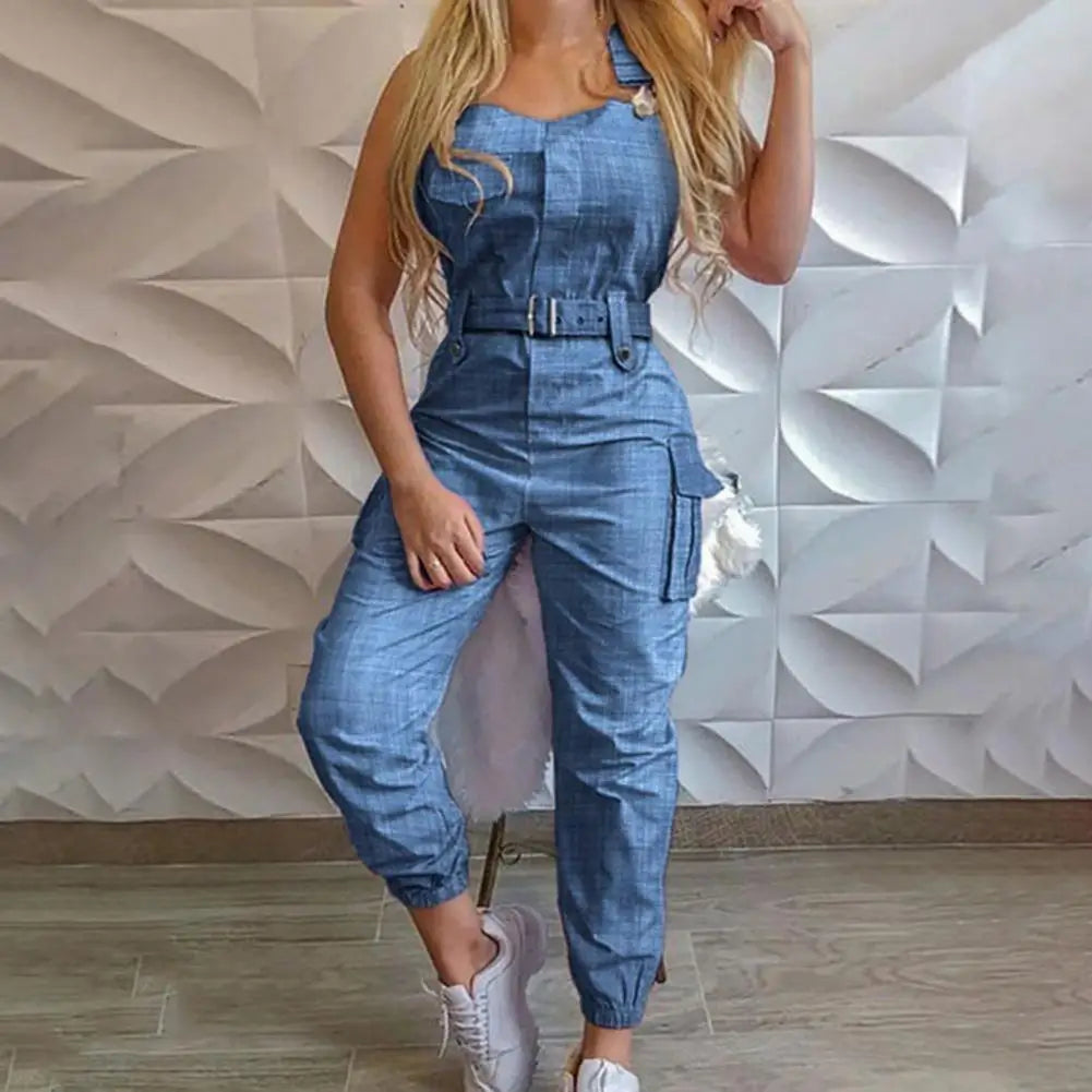 Women's High-Waist Halter Cargo Jumpsuit, Slim Pocket Overalls