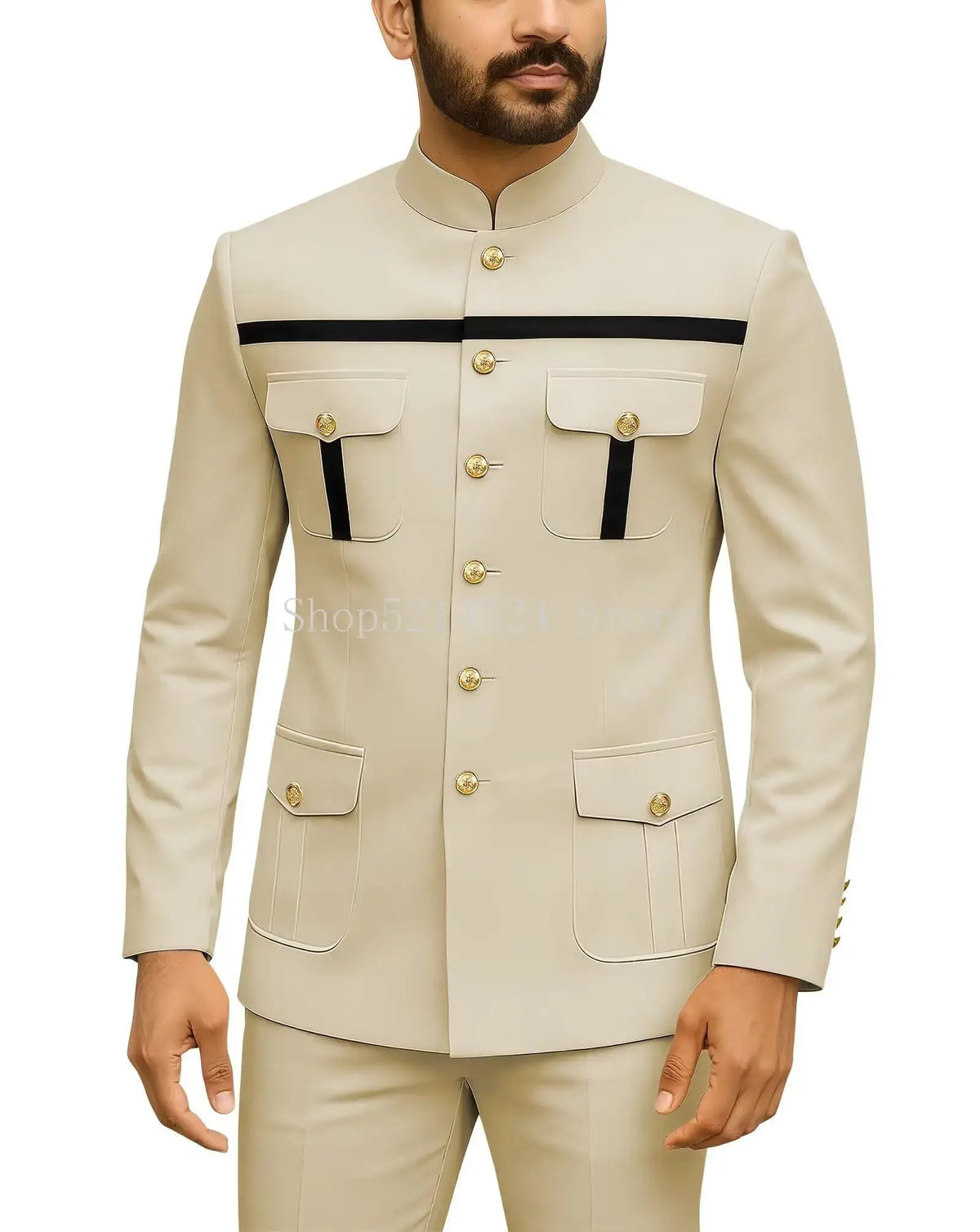 Mens Safari Suit 2 Piece Regular Fit Chinese Suit Stand Collar Gold Button Blazer Pants Set African Outfits