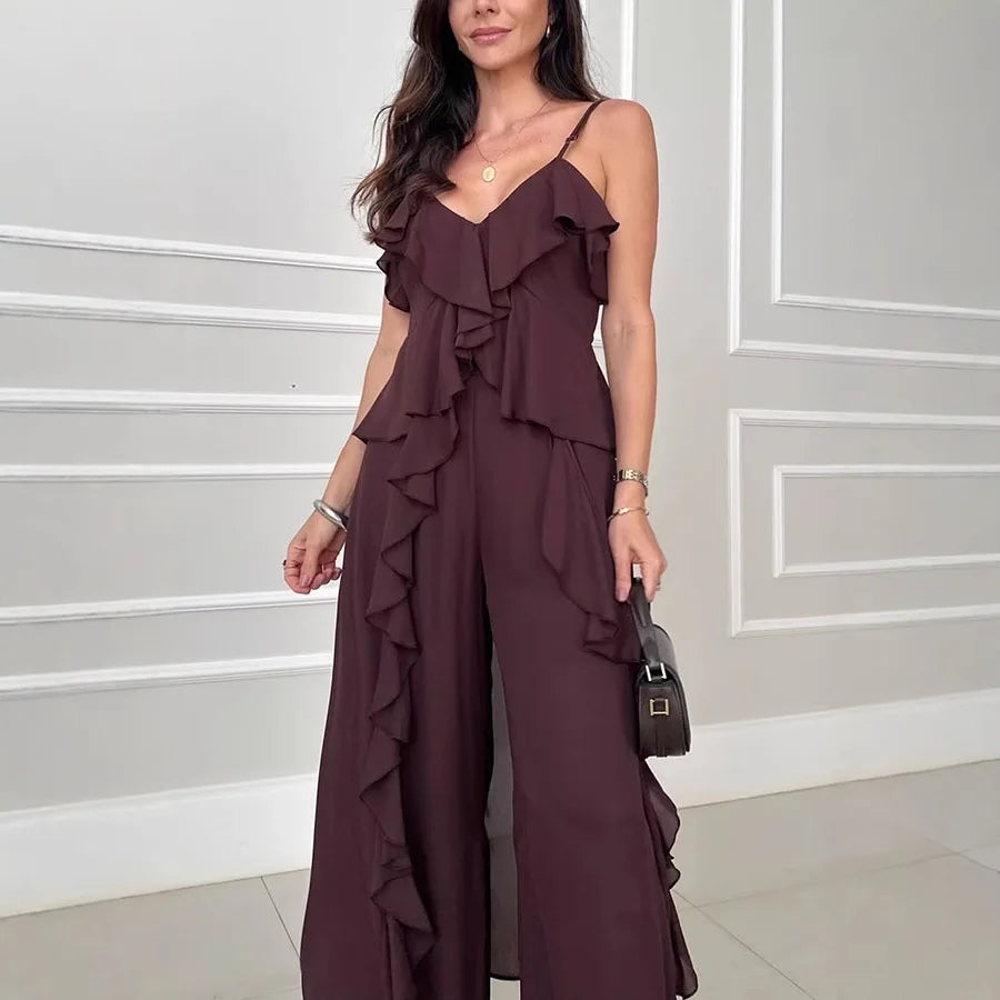 Women's Chiffon V-Neck Ruffle Top and Straight Pants Set