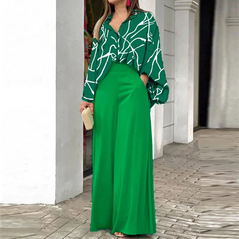 Women's Printed Shirt and Solid Pants Two-Piece Set