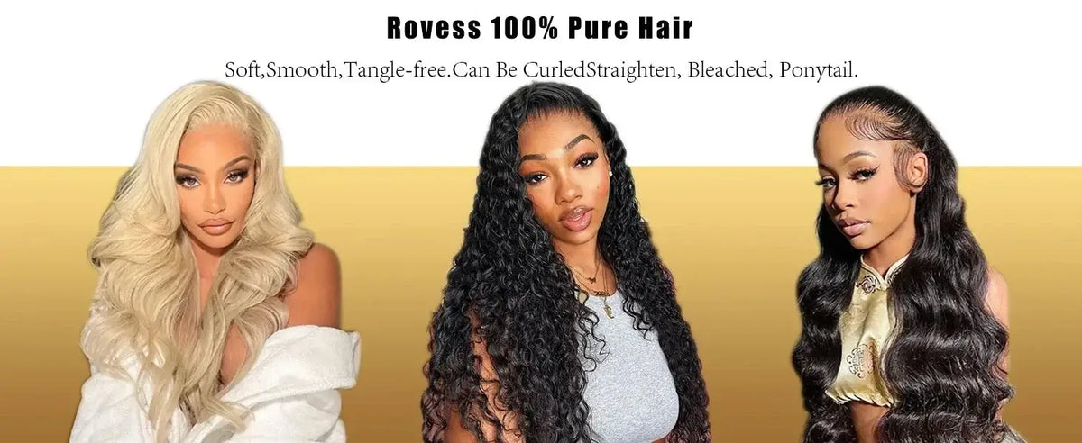 Rovess 100% Pure Hair showcasing various styles: soft, smooth, tangle-free options that can be curled, straightened, bleached, or used in ponytails.