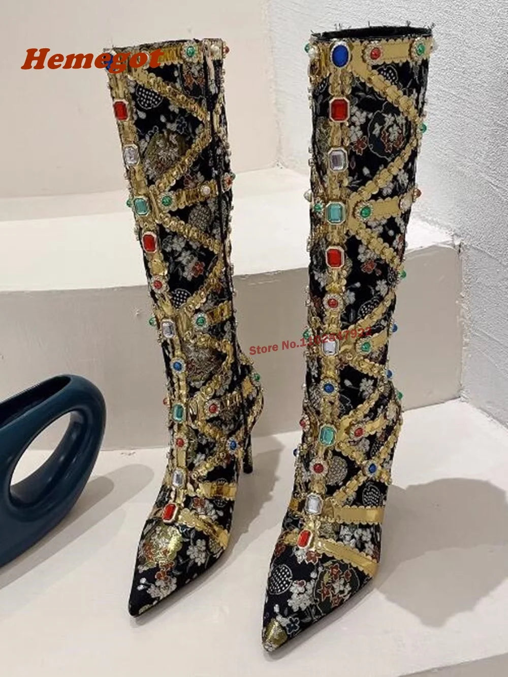 Women's Pointed Toe Rhinestone Gold Knee-High Heeled Boots