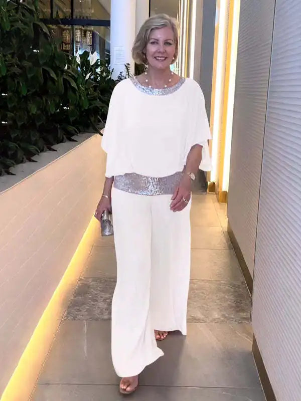Women's Color-Block Glitter Batwing Top and Wide-Leg Pants Set