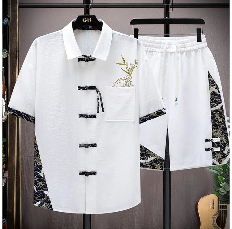 Men's Print Short-Sleeve Shirt and Shorts Two-Piece Set