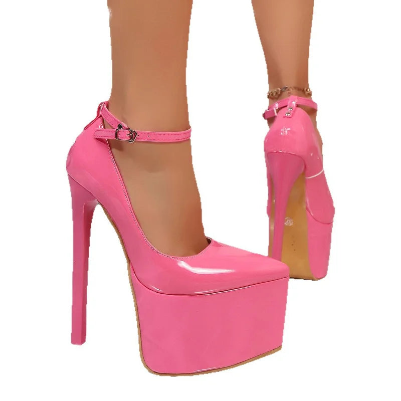 Women's Patent Leather One-Strap Thick Sole High Heel Shoes