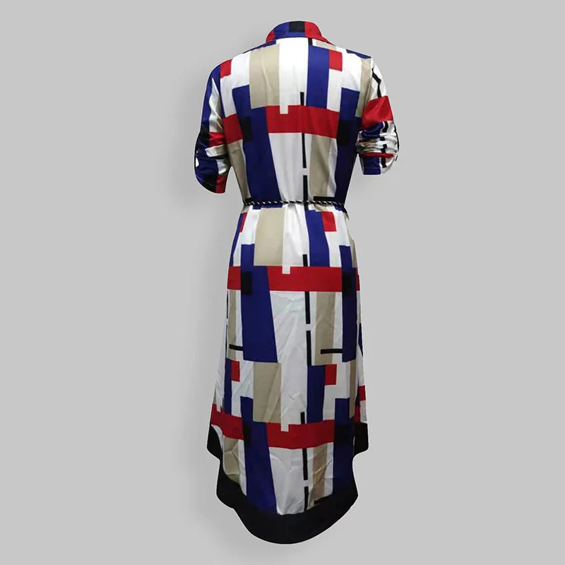 Women's Autumn Print V-Neck Lace-Up Long Sleeve Slim Midi Dress