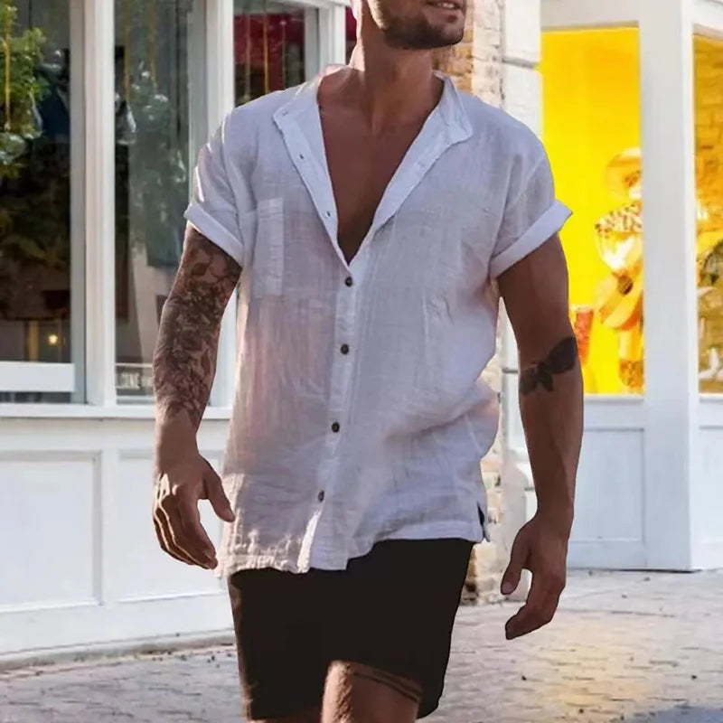 Men's Cotton Linen Short Sleeve Stand Collar Beach Shirt