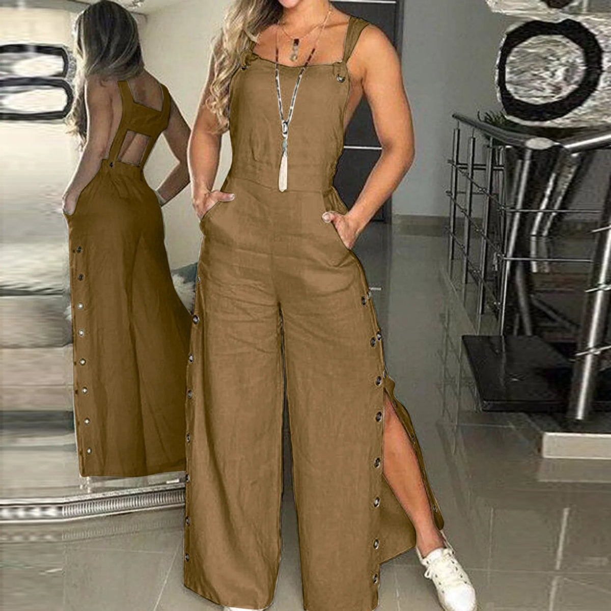 Women's Summer Sleeveless Cotton Linen Playsuits Strappy Side Button Opening Overalls Loose Long Wide Leg Pants Female Jumpsuits