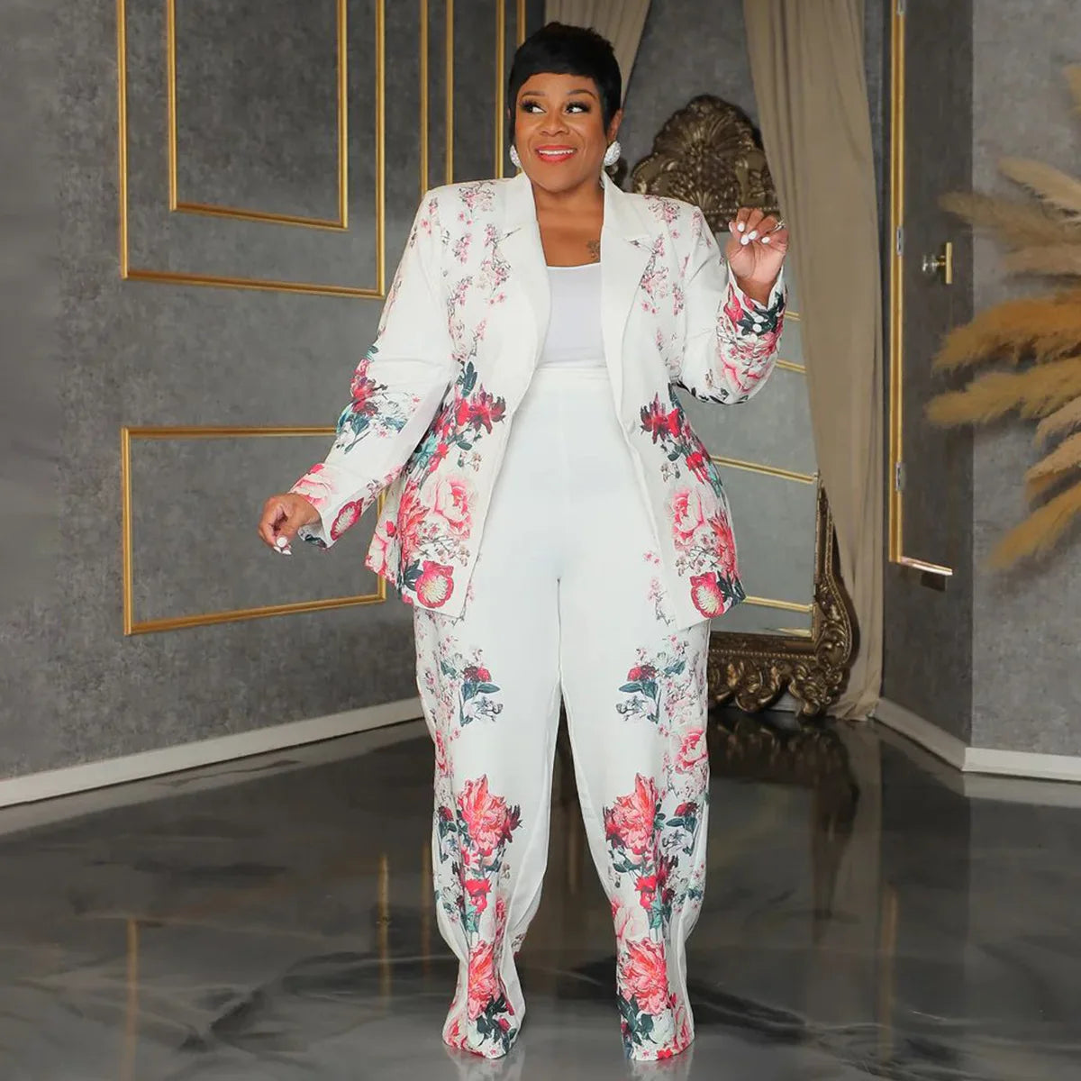 Women's Plus Floral Print Blazer and Wide-Leg Pants Set