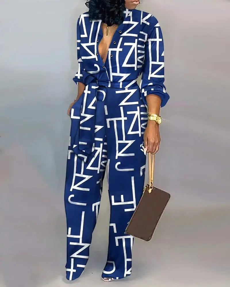 Women's Print V-Neck Belted Long Sleeve Jumpsuit
