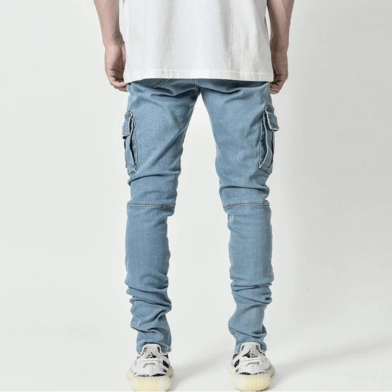 Men's Solid Wash Mid-Waist Multi-Pocket Denim Cargo Jeans
