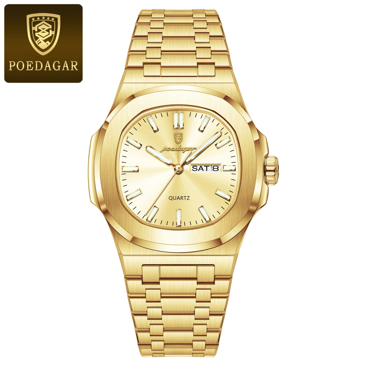 Men's Square Stainless Steel Date Week Quartz Wristwatch