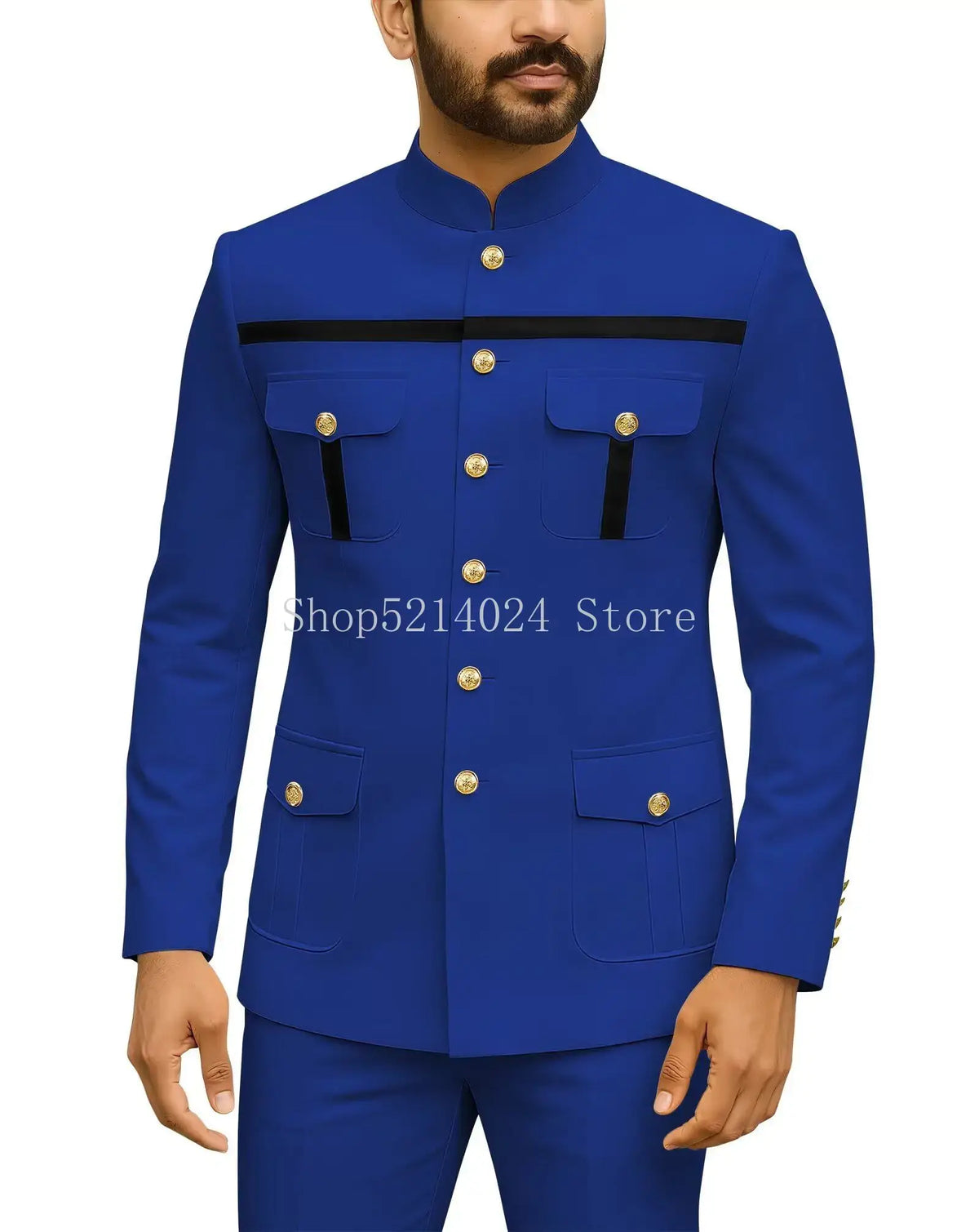 Mens Safari Suit 2 Piece Regular Fit Chinese Suit Stand Collar Gold Button Blazer Pants Set African Outfits