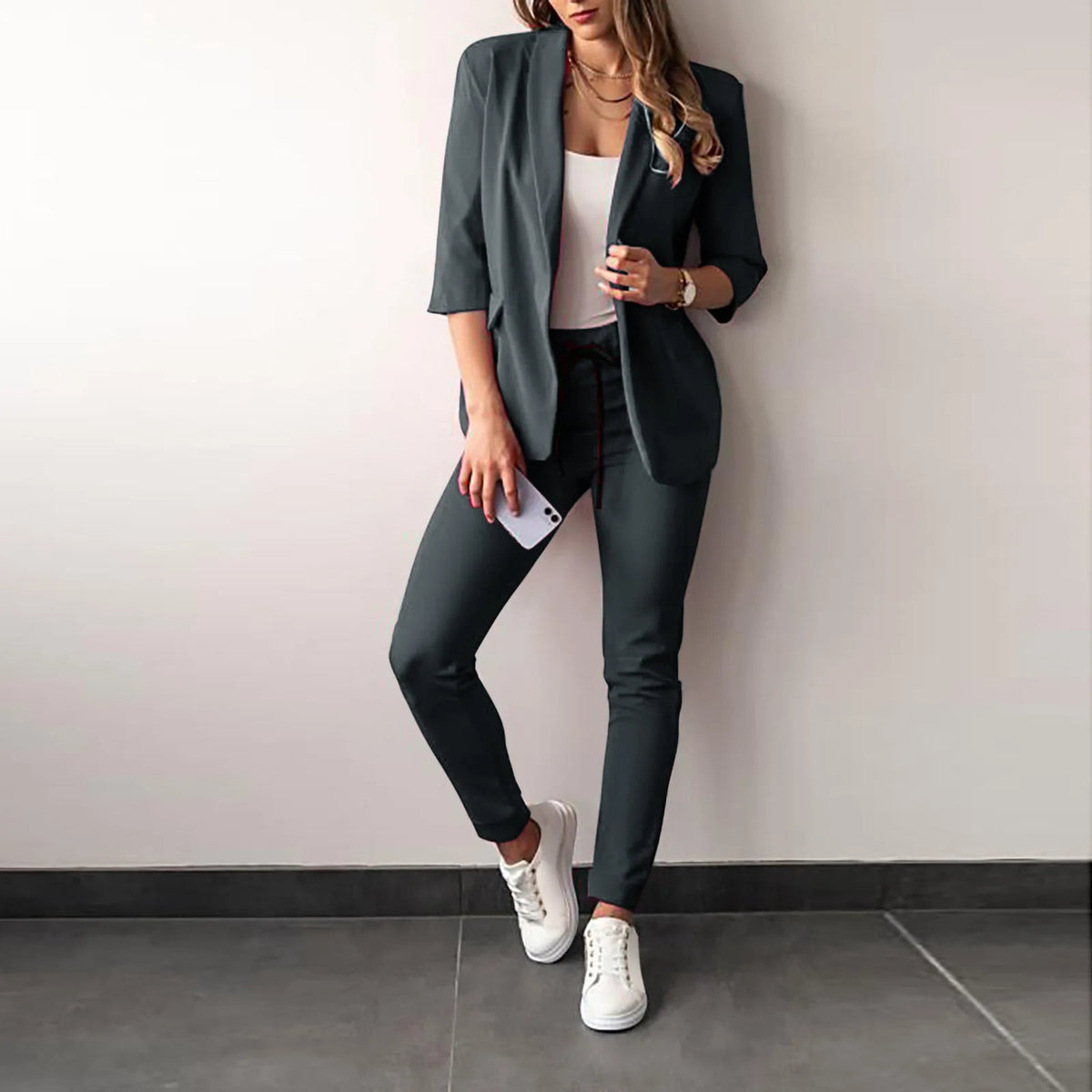 Women's Monochrome Drawstring Elastic-Waist Slit Suit Two-Piece